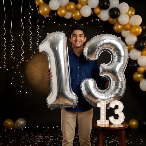 Image of Balloonistics Silver 40-Inch Foil Number 13 Balloon with Matching LED Marquee Light - Combo Set for 13th Birthday, Anniversary, Party Decoration, Photo Booth Backdrop
