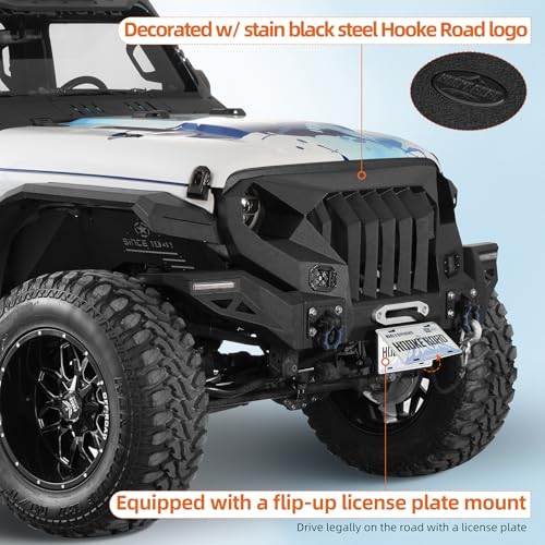 Image of Hooke Road Gladiator Front Bumper Grille (with Wings) for 2018-2026 Jeep Wrangler JL & Gladiator JT, Aggressive Offroad Bumper Include Winch Plate, D-Rings, DRL Lights