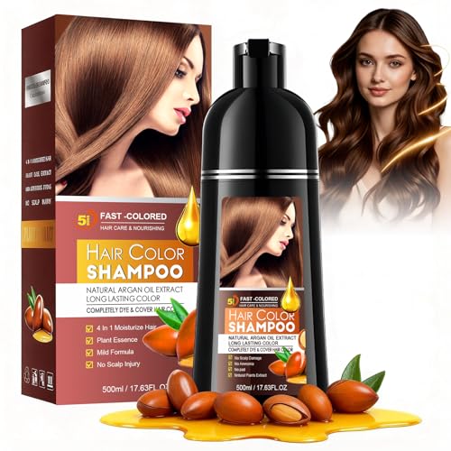Brown Hair Dye Shampoo 3 en 1, Champú Tinte Castaño Oscuro Cubre Canas, Shampoo para Teñir Canas Tinte Pelo En Minutos para Mujer Hombre (500 ml)