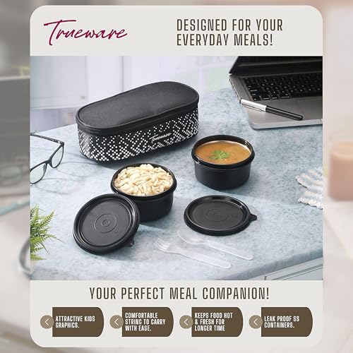Image of Trueware Omaga Lunch Box with Insulated Fabric Jacket, 2 Microwave Safe & Leak Proof Inner Stainless Steel Containers 400ml Each Tiffin for Office, College