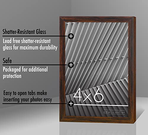 Americanflat 4x6 Picture Frame with Shatter-Resistant Glass - Streamline Collection - Thin Border Photo Frame for Tabletop and Wall Display - Hanging Hardware and Easel Stand Included - Walnut