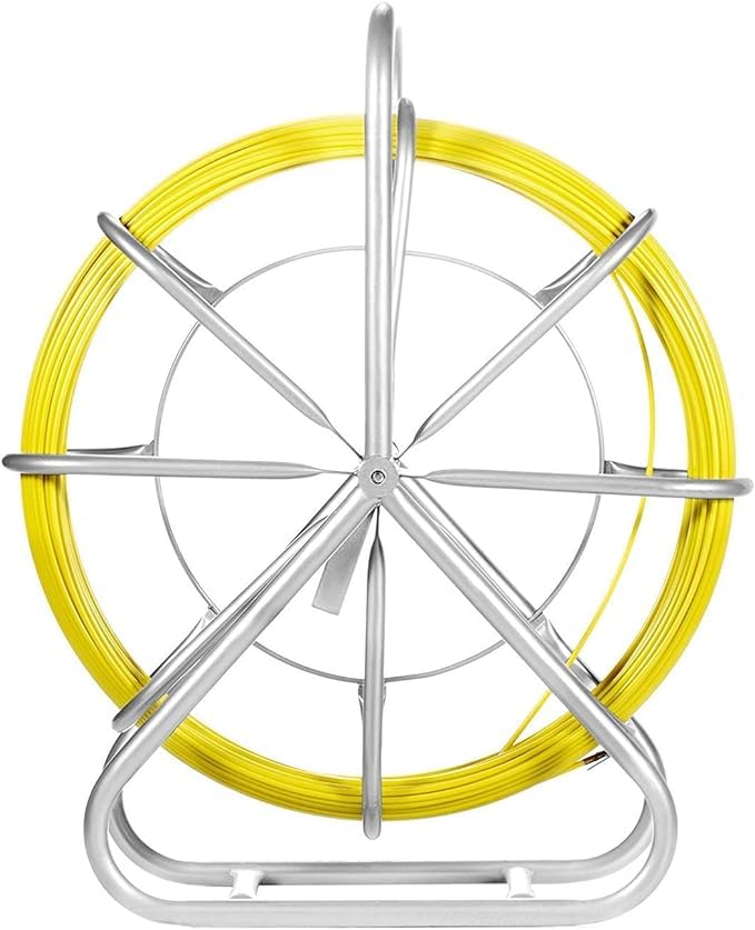Fish Tape Fiberglass, 130 m×6 mm, Cable Running Rod, Duct Rodder Fishtape Wire Puller with Steel Reel Stand, 3 Pulling Heads