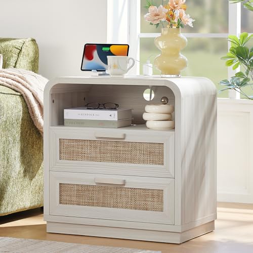 Image of LEYAOYAO Rattan Nightstands Set of 2 with Charging Station, Grey White | 23.6 inch Curved 2 Drawers Nightstand with Storage Shelf & Solid Handle, Boho Bedside Tables for Bedroom, Living Room