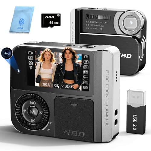 64MP&4K Digital Camera for Photography,Pocket Camera,Swipe to Power On,5X Digital