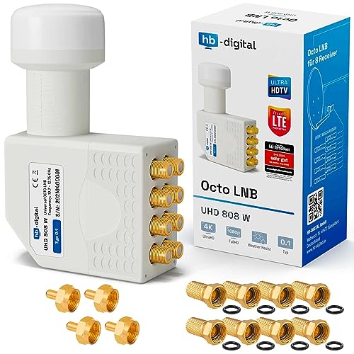 hb digital Octo LNB (test muy bueno *) LNC cabeza para 8 participantes Directo LTE Protected Satellite Sat Full HD TV 3D 4K UHD chapado en oro protección contra la intemperie blanco + 8 conectores F y