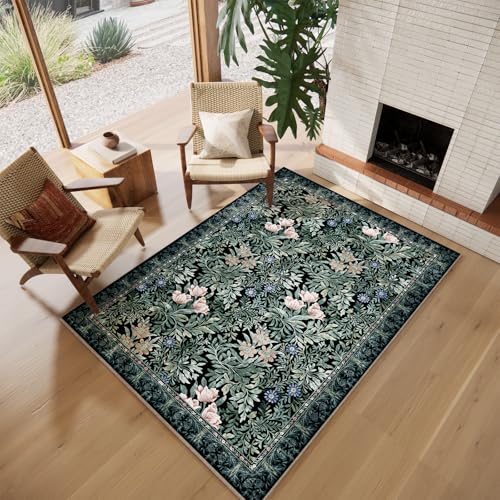 Image of Washable Area Rugs 5x7 Black Green Vintage Floral Botanical Pattern,Perfect for Living Room, Bedroom, Kids Room, Nursery - Stain & Water Resistant Non-Slip, Pet & Child Friendly /Bedroom Decor