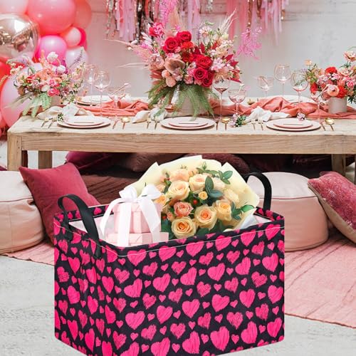Image of Kid Storage Basket Gift Shelf Basket Toy Storage Bin, Nursery Basket Organizer Box for With Handles for Room Deco Heart Pattern Valentine's Storage Basket