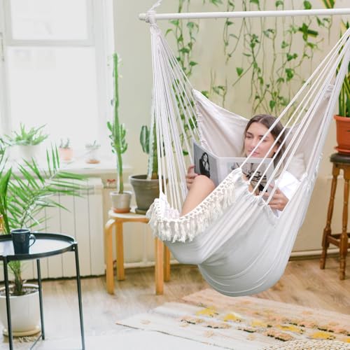 Image of Chihee Hammock Chair Hanging Chair with Foot Rest 2 Cushions Max 500lbs Robust Metal Spreader Bar Collapsible Easy Storage Soft Cotton Swing Chair Strong Strap Iron Carabiner Side Pocket Included