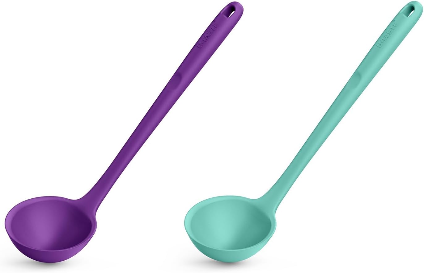 13 inch Silicone Soup Ladle: U-Taste 600ºF Heat Resistant 4 oz Large Non-stick Seamless Rubber Kitchen Deep Serving Spoon with Non-slip Solid Long Handle (Purple+Aqua Sky)