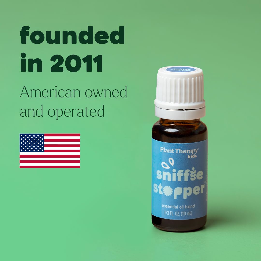 Plant Therapy KidSafe Sniffle Stopper Synergy Essential Oil Blend. Blend of: Fir Needle, Rosalina, Spruce, Cypress, Spearmint and Cedarwood Virginian. 10 ml (1/3 oz).