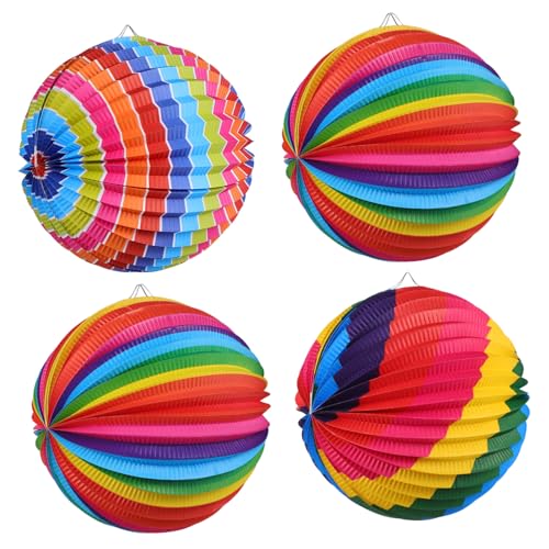 Operitacx 4 Piezas Farolillos de Papel Colgantes con Marco Metálico Diseño Plegable y Colores Arcoíris para Decoración de Fiesta Bodas y Hogar
