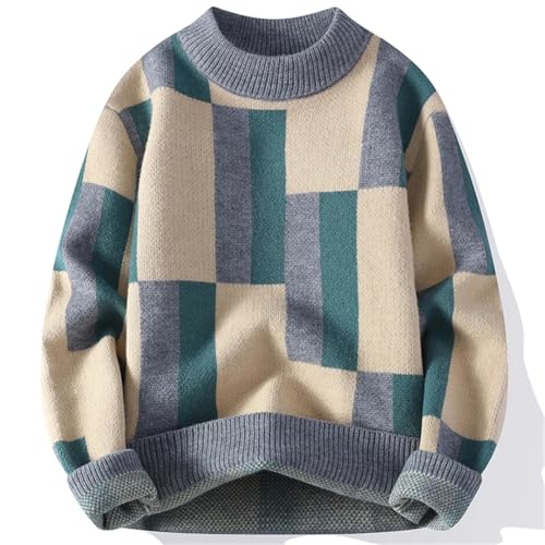 Men Japanese Style O-Neck Sweater Mens Printed Plaid Casual Sweaters Thick Striped Pullover2