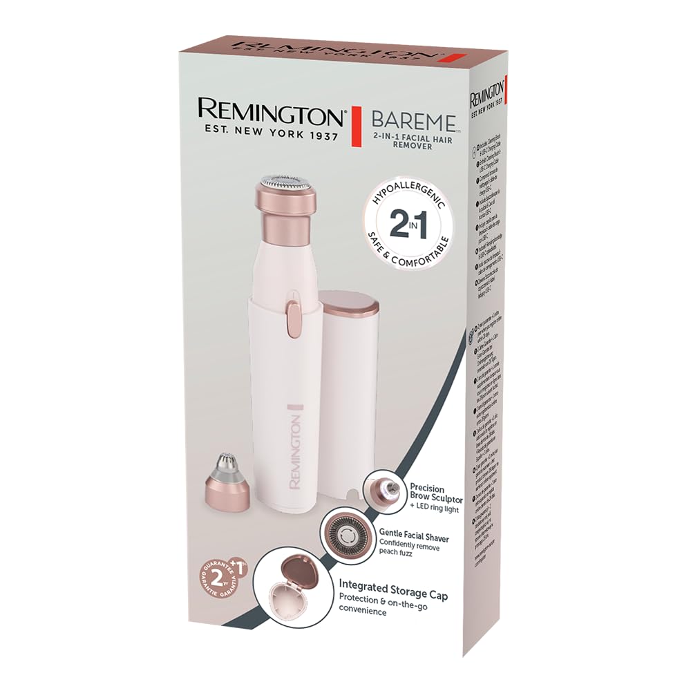 Remington Rasoio Viso Donna 2 in 1 con Rifinitore Sopracciglia Waterproof e Ricarica USB-C Indolore con Luce LED per Labbro Mento Guance BareMe WFS200