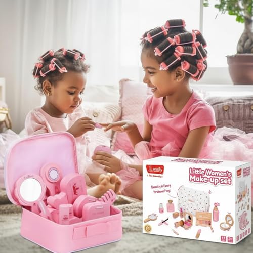 Image of Wudly Wooden Makeup Play Set - Pretend Beauty Kit for Kids with Mirror, Brush & Accessories - Ideal for Imaginative Role Play and Skill Development