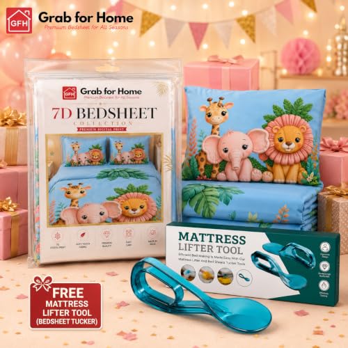 Image of Grab for Home 7D Digital Printed Kids Double Bedsheet Set with Free Bedsheet Tucker | 90 x 100 Inch | Cloud Cotton Soft & Breathable Fabric | Colorful Bedding for Kids Room