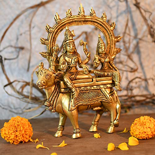 Image of Collectible India Brass Shiva Idol God Shiva Parvati Idol Sitting On Nandi Statue Diwali Decor Gifts(Size 7.5 x 5 Inches).