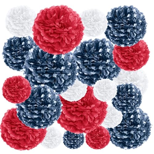 Image of EpiqueOne 20-Piece Tissue Paper Pom Poms Party Decoration Kit - Blue, Red & White | Different Sizes - 6 inch, 8 inch, 10 inch, 12 inch & 14 inch | Ideal for Birthdays, Bridal or Baby Showers, Weddings, Graduation & More