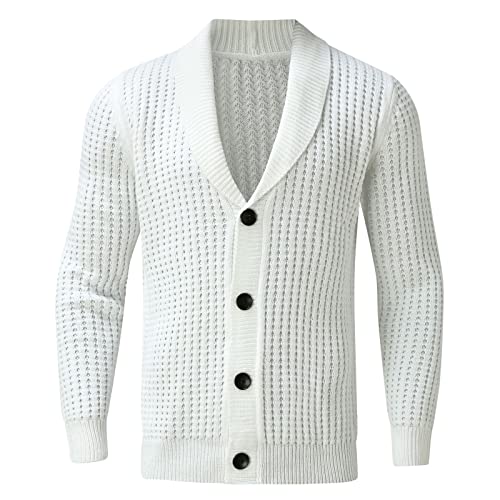 Mens Chunky Knitted Cardigan Sweater Long Sleeve Shawl Collar V-Neck Casual Lightweight Fall Varsity Preppy Sweaters3