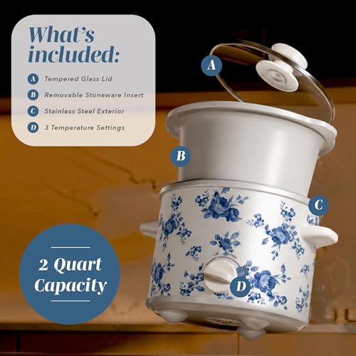 Image of COOK WITH COLOR 2QT Mini Electric Round Slow Cooker - Adjustable Settings, Removable Stoneware Pot, Tempered Glass Lid, Dishwasher Safe, Cool-Touch Side Handles, Floral Blue