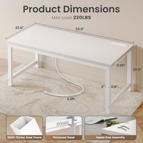 Image of Huuger 55 x 24 inch Desk with Power Outlets & USB-C, Deeper & Thicker Desktop, Robust Metal Tubes, Computer Desk, Heavy Duty Office Desk, Work Gaming Desk for Home Office, White