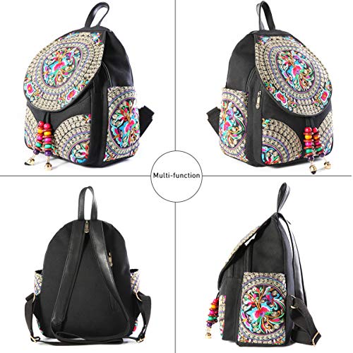 Image of SILKAREA Vintage Embroidered Floral Ethnic Backpack Purse for Women Bohemian Handbag Shoulder Bag Travel Purse (Black S1)