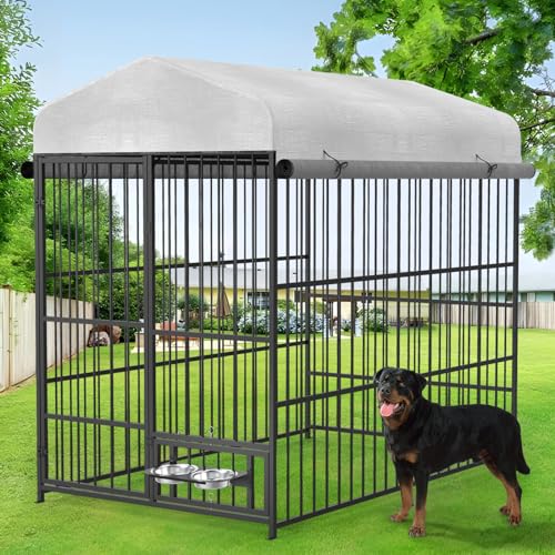 Large Outdoor Dog Kennel with Bowls and 360° Rotating Feeding Door, Heavy Duty Dog Kennel Playpen with Waterproof Roof Cover and Secure Lock, Dog Run Enclosure with 3 Sidewalls, 6.6’×3.9’×5.9′ Large Outdoor Dog Kennel with Bowls and 360° Rotating Feeding Door, Heavy Duty Dog Kennel Playpen with Waterproof Roof Cover and Secure Lock, Dog Run Enclosure with 3 Sidewalls, 6.6’×3.9’×5.9′