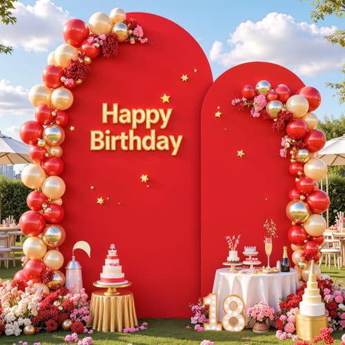 Image of Red Arch Cover 2 Set-7.2 and 6ft Red Arch Backdrop Cover Spandex Fitted Christmas Arch Stand Covers Stretchy Backdrop for Birthday Party Baby Shower Bridal Shower Wedding Banquet Photo Background