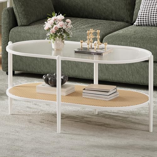 Boho Rattan Coffee Table with Glass Top, 2-Tier Oval Center Table with Metal Frame & Storage Shelf, Rustic Farmhouse Living Room Accent Tea Table for Apartment, Bedroom, Office White