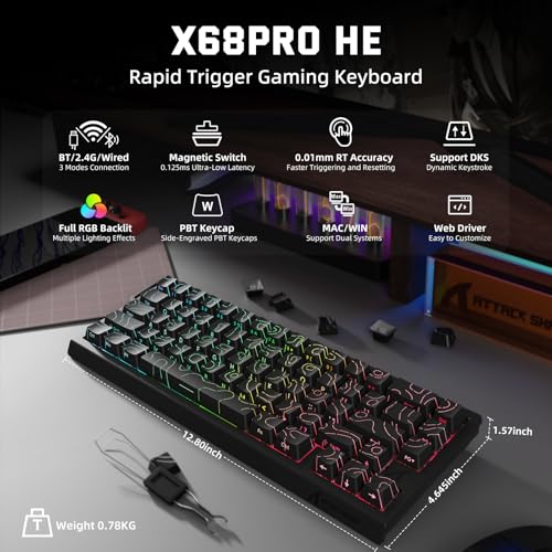Image of ATTACK SHARK X68 PRO HE Wireless Rapid Trigger Gaming Keyboard with Adjustable Actuation,8K Polling Rate,Hall Effect Magnetic Switch,Hot-Swap,RGB Backlit,BT /2.4GHz /Wired,for FPS Games-Black