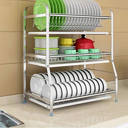 Geschirrtrockner mit Abtropfbrett, 3 Tier 304 Edelstahl Geschirrkorb Geschirrablage Organizer für Küchentheke Silber 42cm (17inch)