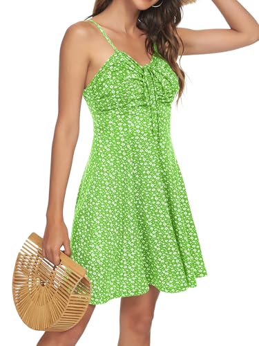 Image of Missufe Spaghetti Strap Floral Mini Dress Women's Casual Ruched Front Drawstring Swing Sundress