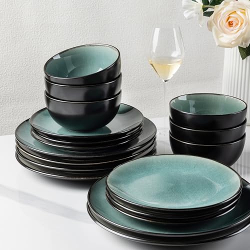 GBhome Steingut Geschirrset 6 Personen, 18-tlg Reaktive Glasur Handarbeit Steingut Geschirr Set, Mikrowellen- & Spülmaschinenfest Schüssel- und Teller Set,Petrol