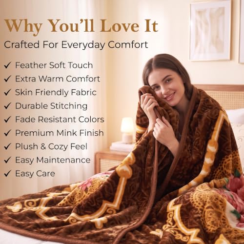 Image of BSB HOME Double Bed Mink Blanket 1.5 Kg,Velvet Like Soft Plush Fleece Blanket,Warm Lightweight Winter AC Blanket,Skin Friendly Floral Blanket for Double Bed,78 x 75 Inches(198 x 190 cm)-Espresso Brown