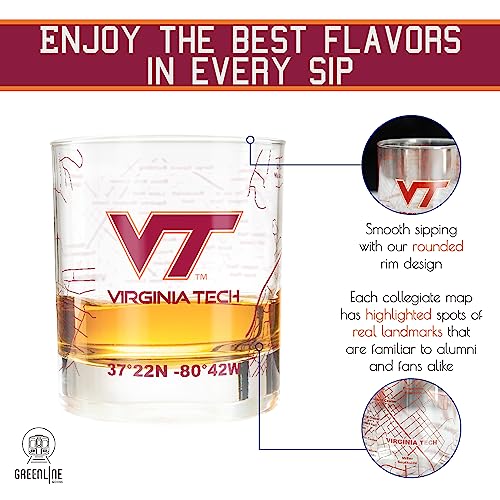 Image of Greenline Goods - Virginia Tech University Hokies College Whiskey Glasses (Set of 2), 10 oz - Full-Color Logo + Campus Map