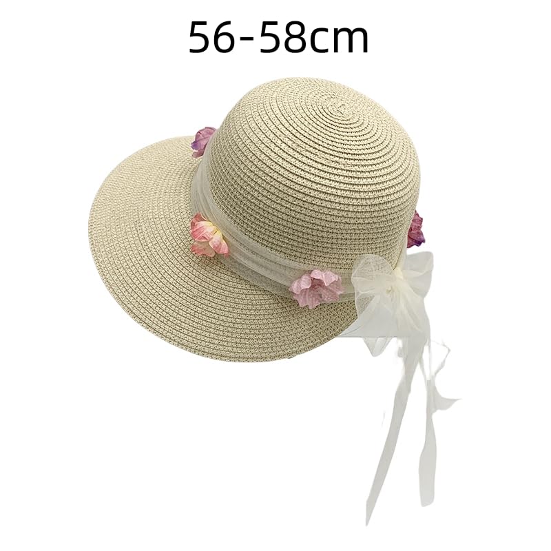 Sombrero de Verano para Mujer,con Protección UV,ala Ancha de Paja y Lazo de Tul Floral,Transpirable,para Playa,para Exteriores,Vacaciones y Viajes