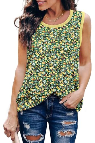 KISSMODA Womens Flora Print Tank Tops Ribbed Summer Shirt Sleeveless Summer Casual Women Blouses(S-3XL)