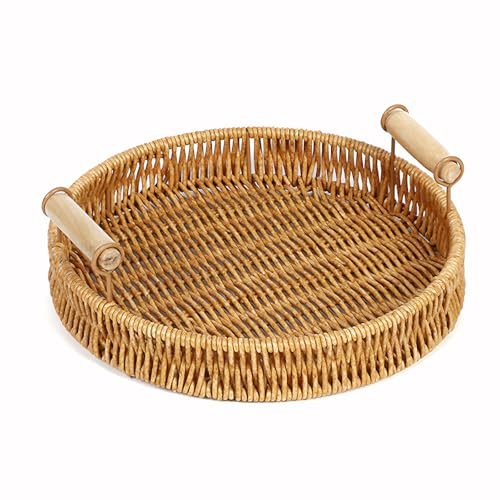 Rattan Serviertablett Rund mit Griffen – Handgefertigtes Dekotablett...