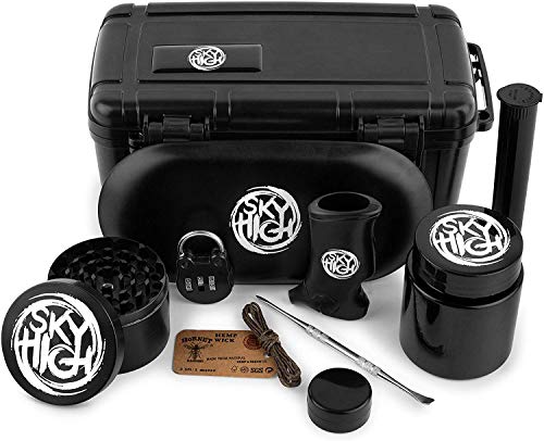 Sky High 11 Piece Stash Box with Lock, Grinder, Airtight Jar, Double-Ended Pick