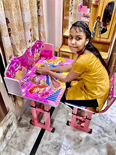 Image of MLU Kids Study Table and Chair Set, Height Adjustable (Pink), MDF Multifunctional Baby Desk Chair