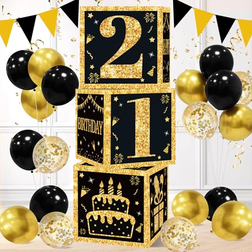 21.Geburtstag Mann Deko Box - 3 Pcs Geburtstagsdeko Schwarz Und Gold Boxen ,Ballonboxen Birthday Party Zubehör Für deko 21. Geburtstag mann Mädchen,Happy Birthday Partydekoration Themen Party Boxen