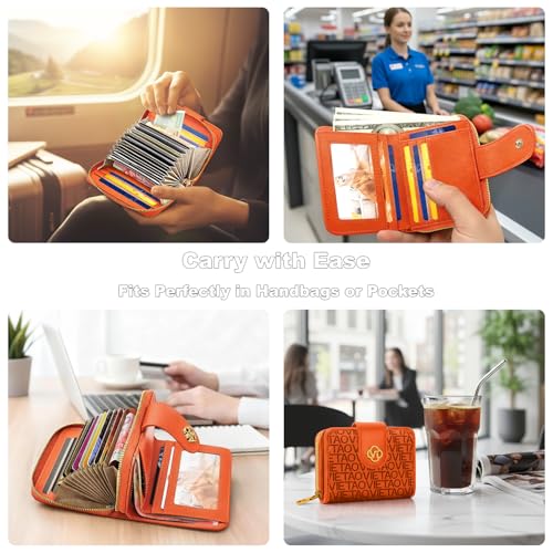 Image of Credit Card Wallets for Women, Leather Cardholder with Zipper Around, Small RFID Ladies Wallet, Accordion Compact Bifold Purse for Travel, 19 Card Slots, ID Window, Cash Organizer - Orange