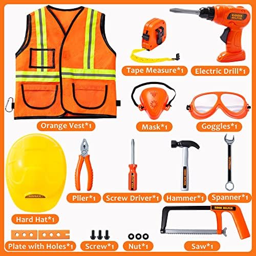 JOYIN Construction Worker Costume Role Play Tool Toys Set for 3-6 Years Old Kids, Great Educational Toy Gift for Christmas and Birthday Orange