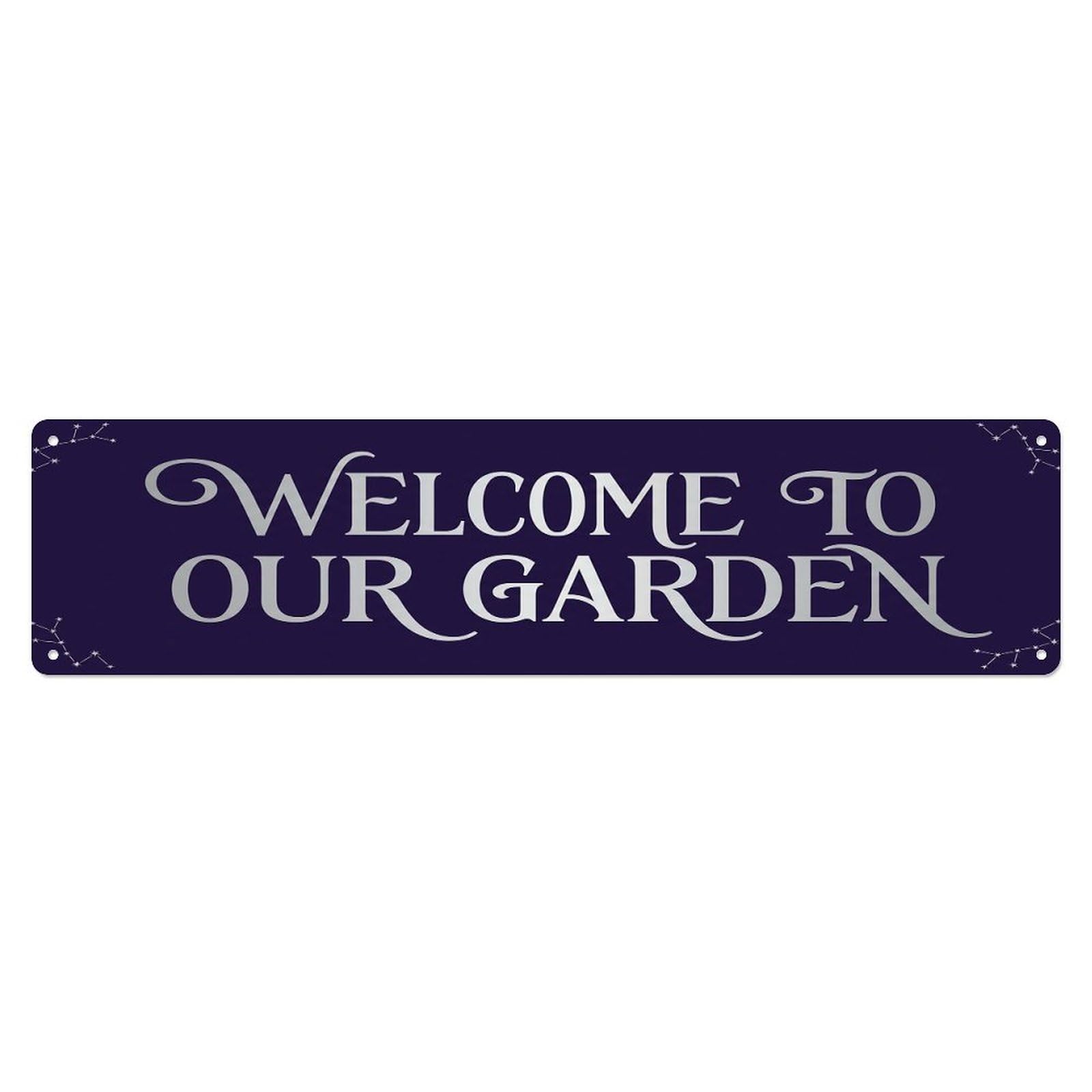 Vintage Welcome to Our Garden Midnight Purple Metal Tin Sign