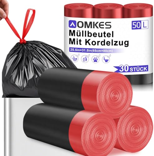 AOMKES Müllbeutel 50L Schwarz Große Müllsäcke Mit Zugband Reißfest Mülltüten Mit Tragegriff Abfallsack Für Küche 30 Stück Müllsäcke
