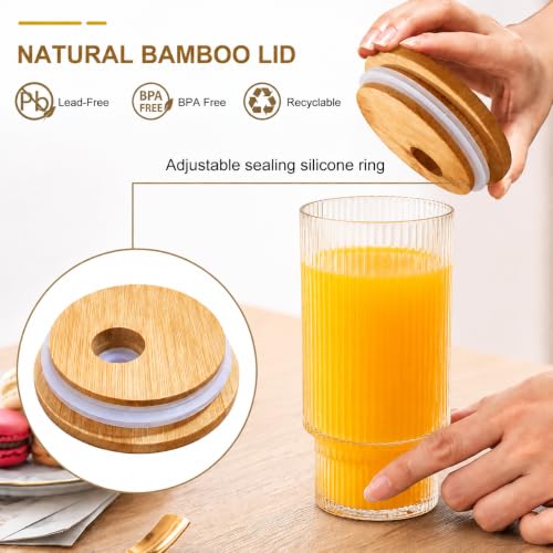 Image of Ribbed Highball Glass Tumbler Set of 2 with Bamboo Lid & Glass Straw, 300ml Drinking Glasses for Iced Coffee, Juice, Smoothies, Cocktails, Beer, Water, Reusable Clear Glass Cups