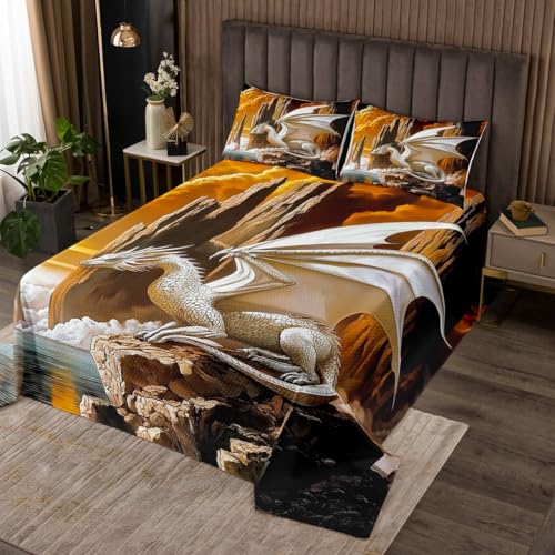 3D Dragon Coverlet Set Queen Size Natural Mountain Landscape Bedspread Fashion Room Decor Western Mystic Fairy Tale Quilted for Teens Gift Gradual Clouds Bedding with 2 Pillowcases