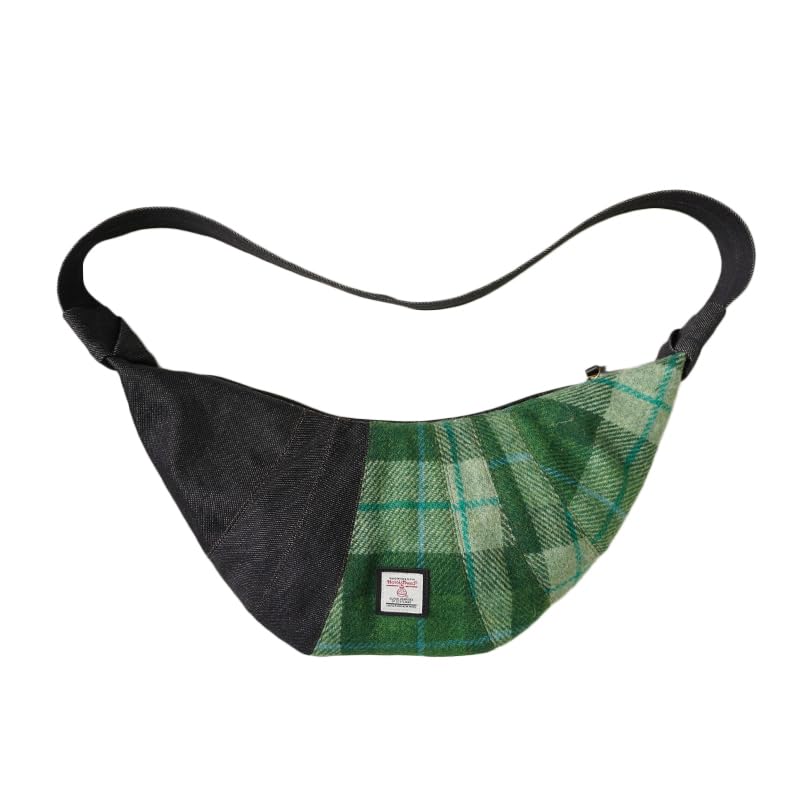Harris Tweed Crescent Crossbody Bag for Women and Men Tartan Wool Denim Hobo Shoulder Bag Vintage Travel Purse