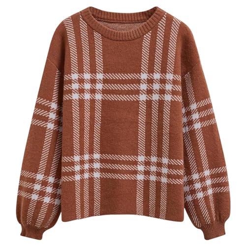 CHICWISH 2023 Fall Winter Women's Caramel Classic Plaid Round Neck Oversized Sweaters Long Sleeve Casual Knit Pullover Tops