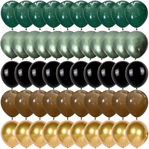 Image of Green and Brown Balloon, 60Pcs 12Inch Dark Green Black Metallic Gold Latex Balloon, Metallic Avocado Tan Chrome Gold Balloons for Camo Camping Game Army Jungle Safari Theme Birthday Party Decor