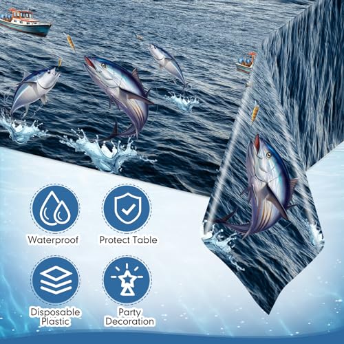 Image of Ganeen 3 Pcs Fishing Tablecloth Disposable Plastic Table Covers Ocean Scene Waterproof Tablecloths for Gone Fishing Themed Tournament Birthday Party Decor, 54 x 108 Inch